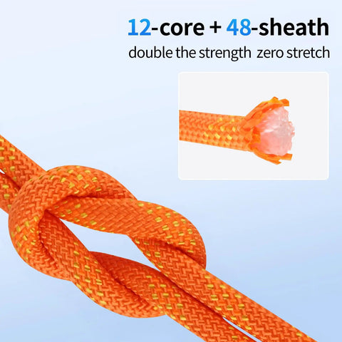 200 Feet 3/8 Inch Orange Arborist Climbing Rope Heavy Duty Nylon Utility Cord For Tree Rigging Plus Hardcore Grind Tough As Nails Abrasion Resistant Build with 12-core and 48-sheath design.