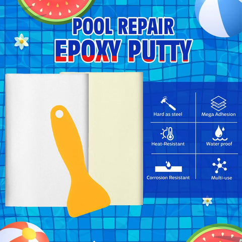 Underwater Ready Epoxy Putty Filler For Leaks And Cracks 8 Oz Multi Purpose Pool Repair Clay shown with application tool on blue backdrop
