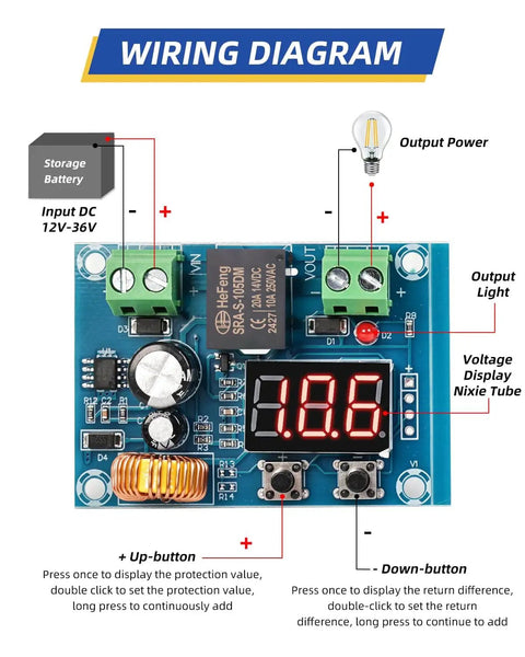 Wiring diagram showing the 12V To 36V DC Voltage Protection Module Pack Of 2 with components labeled for connection and use.