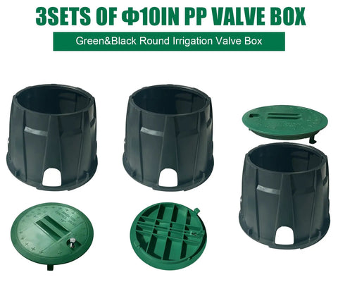 Three Pack 10 Inch Sprinkler Valve Boxes Made From Durable PP Round Irrigation Box For Garden Yard Lawn Grassland Ground Farm Tough As Nails Underground Splice Box With Green Cover Weatherproof And Sun Resistant Easy Install