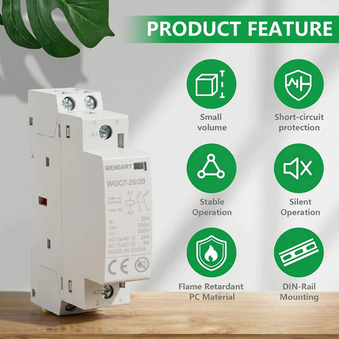 Dead Silent 25a Ac Dc 120v Contactor 2 Pole Normally Open Din Rail Module For Hvac And Ev Systems with product features listed.