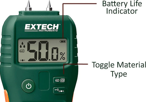 Close-up of Pin And Pinless Moisture Meter for Wood and Building Materials showing digital display with battery life indicator.