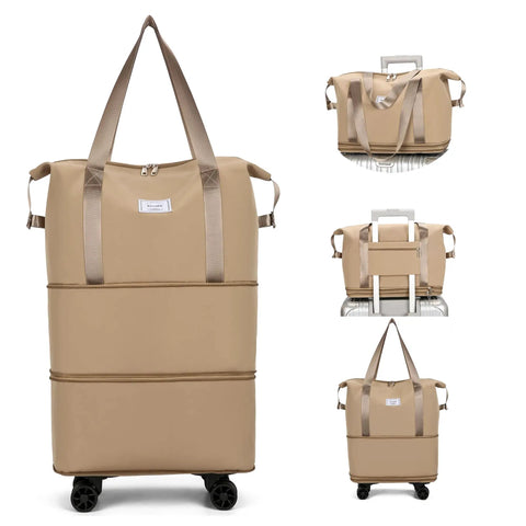 Road Trip Ready Travel Rolling Duffel Bag With Removable Wheels Expandable Foldable Carry On Luggage That Folds Flat For Easy Storage Durable And Lightweight For Quick Trips Or Hospital Stays Khaki, shown upright and compact.