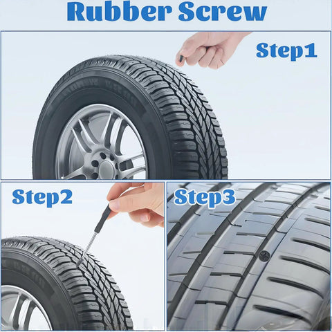 Step-by-step use of 60 Pcs Tire Repair Nails Self Tapping Screws Kit For Cars, Motorcycles, And Trucks on a tire, DIY repair process