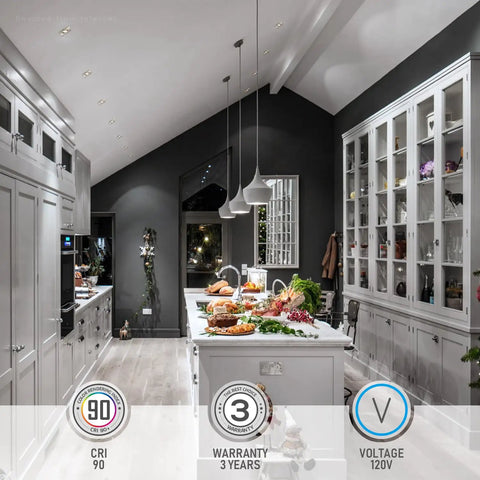 Modern kitchen with 3 Inch Gimbal LED Recessed Light Kit, Dimmable Ten Percent To One Hundred Percent, CRI 90+, 120V ceiling lights