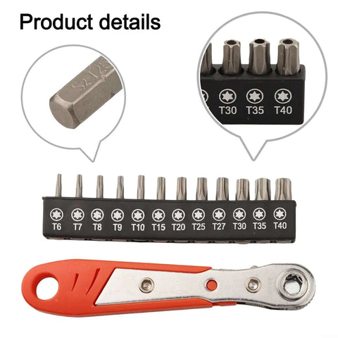 Top Notch Right Angle Ratchet Screwdriver Set For Torx T6 To T40 With 12 Bits And 36 Tooth Reversible Wrench In Alloy Steel For Tight Automotive And Household Repair Jobs That Hit The Spot, 12 Torx bits with ratchet handle