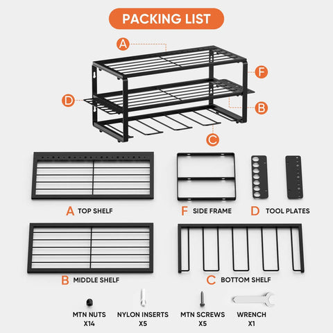 Packing list showing parts for Heavy Duty Tool Organizer Rack For Garage Wall Mounted Drill Storage With Charger Shelf 100lbs