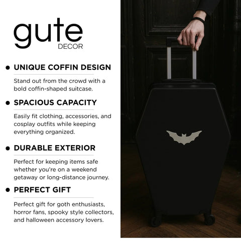 Black gothic coffin carry-on luggage with bat design, featuring durable hard shell and spacious interior for cosplay and travel enthusiasts.