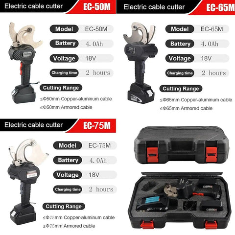 Heavy Duty Hydraulic Battery Cutter With Electric Ratchet Tool 75mm Capacity with case and specifications shown