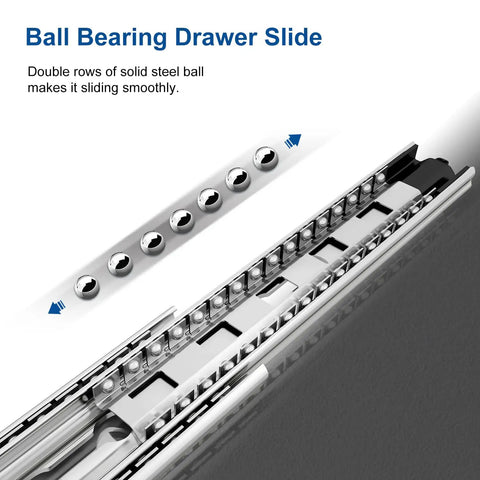 Close-up of 36 Inch Soft Close Heavy Duty Drawer Slides with Full Extension, showcasing ball bearing system and side mount design.
