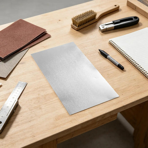 Six-Piece Bendable Aluminum Sheets For Crafting And DIY Projects on a table with tools and notebook, silver 7.87 x 3.94 inches.
