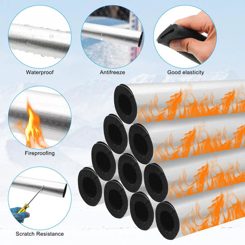10 Pack Pipe Insulation Foam Tubes Three Quarters Inch Self Adhesive Pre Slit Aluminum Foil Covers illustrated with features