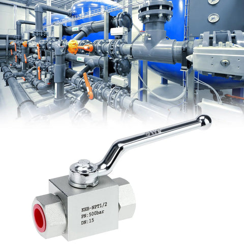 QWORK hydraulic ball valve, 1/2'' NPT, chrome body, lever handle, 500 bar rating, shown in industrial piping setup
