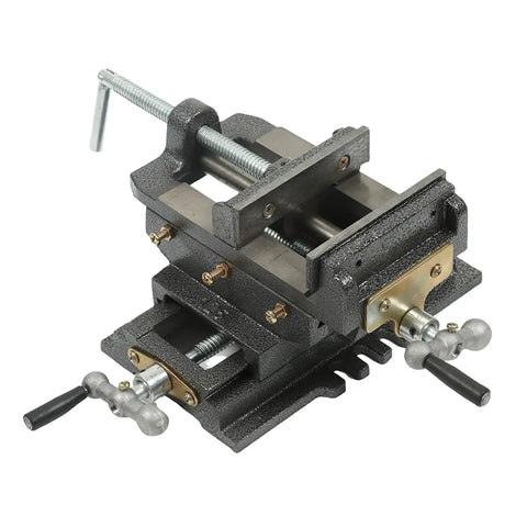 Heavy Duty 5 Inch Cross Slide Drill Press Vise For Woodworking Rock Solid Cast Iron Milling Fixture with cranks and slots.