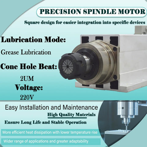 Beast Mode 7.5KW Spindle Motor 18000RPM High Speed CNC Tool For Wood Metal Stone Plastic Carving Engraving And Milling 220V With ER32 Collet And Fan Cooling, showcasing precision spindle and lubrication details.
