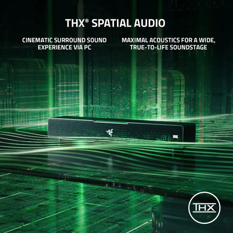 Next Level PC Gaming Soundbar And Wired Subwoofer With Dual Drivers Delivering Sick Bass THX Spatial 7.1 Surround Sound Setup That Will Blow Out Your Speakers In Classic Black with green background.