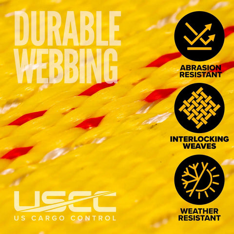 Close-up of durable yellow webbing showing abrasion-resistant, interlocking weaves, weather-resistant properties.