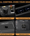 Next Gen 2 Channel Bluetooth HiFi Amp With 300W Per Channel Digital VU Meter Sub Pre Out HPF Tone Control TRS Balanced Input Bass Treble Control Remote And BT 5 2 For Your Home Theater And Bookshelf Speakers. close-up of HPF, pre-out, and RGB switch controls
