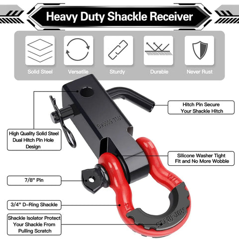 Shackle Hitch Receiver Two Inch Heavy Duty Tow Hitch With Five Eighth Inch Screw Pin And Three Quarter Inch D Ring Shackles, Forty Five Thousand Lbs Break Strength, Off Road Vehicle Recovery Towing Accessory, Anti Rust Carbon Steel Red And Black with labels highlighting features.