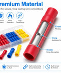 Get This Awesome 100pcs Butt Splice Connector Kit For Your Car Or Home With Durable Red Blue Yellow Wire Connectors That Rock Secure Contacts And Perfectly Fit 22 To 10 AWG Wires Without Any Mess Or Hassle For Quick Crimping Jobs. 100-piece butt splice connectors in red, blue, yellow