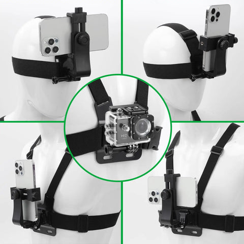 Grab-and-Go Chest Strap Mount And Head Strap POV Kit with smartphone and action camera attached for various viewpoints.