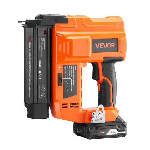 Smooth Shootin Cordless Brad Nailer 18 Gauge 20V Battery Powered Nail Gun with 2.0 Ah battery, showing the side view and attached battery.