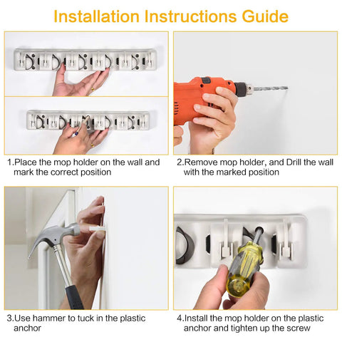Installation guide for Wall Mounted Mop Broom Holder Organizer Rack With 5 Slots And 6 Hooks, showing tools and steps.