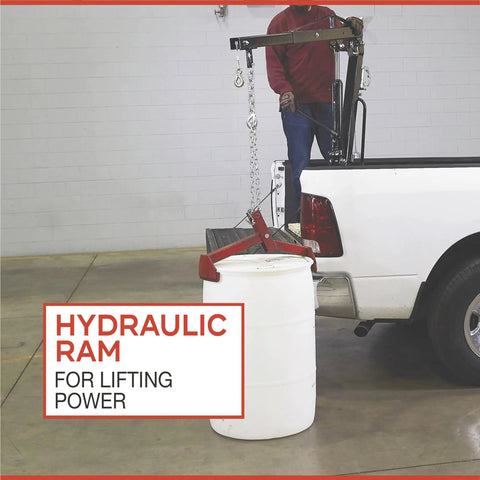 Beast Mode Hydraulic Pickup Truck Crane With 360 Degree Pivot And Integrated Hand Winch Built Legit For Up To Two Thousand Pound Vehicle Load Towing lifting a barrel from truck.