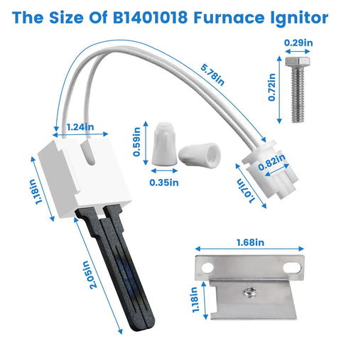 Top Tier Gas Stove Igniter And Flame Sensor Assembly For Rapid Furnace Starter Swap showing dimensions and parts placement.