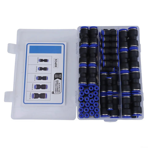 Awesome 80 Piece Pneumatic Push To Connect Fitting Set For Air Line Systems With Quick Tool Free Hook Up For 5/32 To 1/2 Inch Nylon And PVC Hose in plastic case