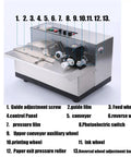 Stainless Steel Automatic Ink Wheel Coding Machine For Batch Numbers And Dates Wide Application On Labels Solid Dry Ink Printer For Industrial Use High Durability Anti Corrosion Heating System showing control panel and feeding mechanisms.