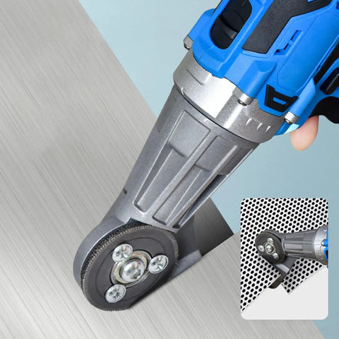 Heavy Duty Cordless Electric Metal Shears With 360 Degree Rotating Head And 2500Mah Battery cutting through sheet metal.