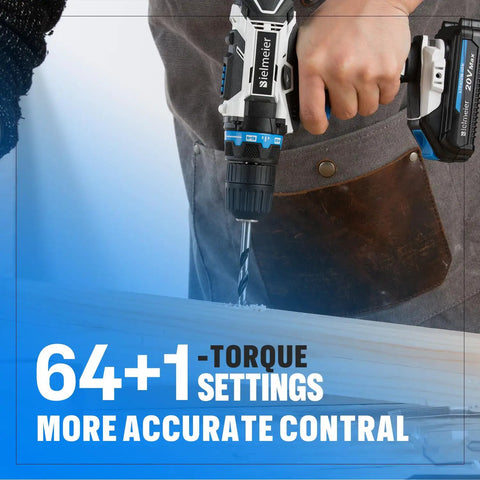 Person using the Beast Of A 20V Max Cordless Drill Set With LED Light and 64+1 clutch settings on a wood surface.