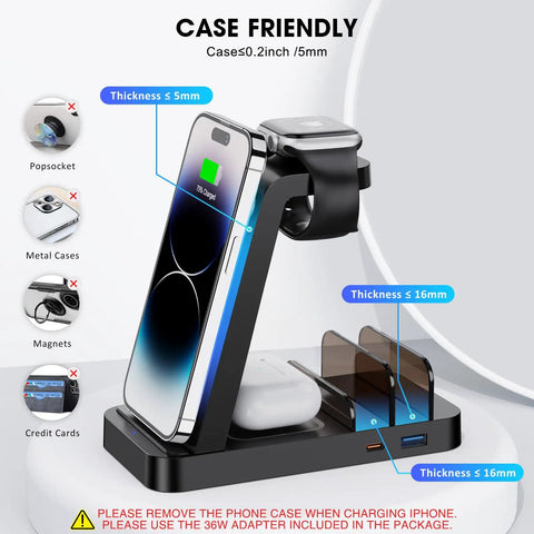 5 In 1 Wireless Charging Station For iPhone And Apple Devices With Fast Charge Stand, holding iPhone and Apple Watch