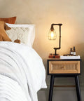 Stepless Dimmable Industrial Nightstand Lamp With Dual USB Ports, Edison Rustic Metal Pipe Look, 6W LED Bulb on bedside table