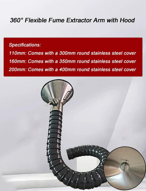 Badass 360 Degree Articulated Flexible Hose Welding Fume Extractor Arm With Killer Suction For Soldering Smoke And Industrial Dust Collection with hood and stainless steel cover.