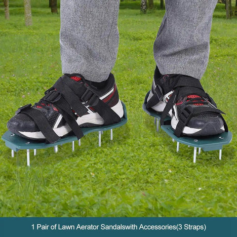 Man wearing spiked lawn aerator shoes with adjustable straps on grass | Spiked Lawn Aerator Shoes With Adjustable Straps For Yard And Garden One Size Fits All Easy Walk To Aerate Soil And Boost Water Air And Nutrient Absorption For Healthier Greener Grass