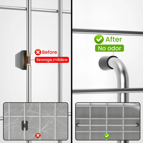 Heavy Duty Stainless Steel Kitchen Sink Grid With Centered Drain And Rounded Corners, showing before and after comparison for odor reduction.
