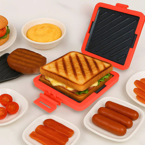 Three In One Microwave Toastie Sandwich Maker With Panini Press, Dishwasher Safe, No Electricity Needed, Fast Grilling In Minutes For Travel, Office Or Home, Red with sandwich inside