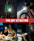 Two Pack LED Flashlight Set With Zoomable Beam Five Modes Waterproof Tactical Torch for outdoor and indoor use, shown in action.