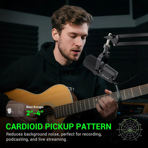 Guitarist using Dynamic USB XLR Podcast Microphone With Boom Arm For Vocal Recording in studio with SL40 Plus.