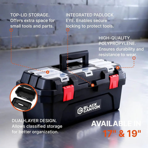 Heavy Duty 17 Inch Stackable Plastic Tool Box Carries 44 Lbs with top-lid storage and dual-layer design for organizing tools.