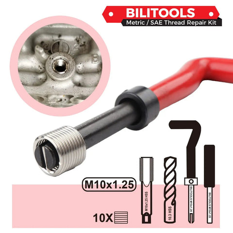 Heavy Duty M10x1.25 Thread Repair Kit Featuring 304 Stainless Steel Helicoil Inserts And Precision HSS Tap Drill Set, including M10x1.25 tap.