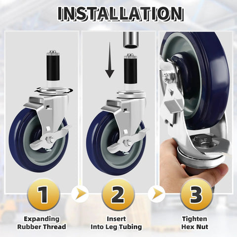 Installation steps for 5-inch expandable stem caster wheels with expanding rubber thread, leg tubing insertion, and hex nut tightening.