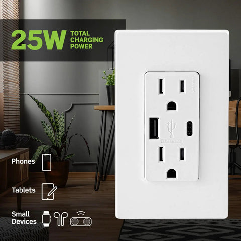 Wall-mounted in-wall USB charger with Type A and C ports, 15A tamper resistant outlet in a room with plant, 25W total power.