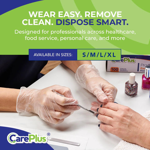 CarePlus latex-free vinyl gloves, clear, large size, 100-count; hands shown performing manicure