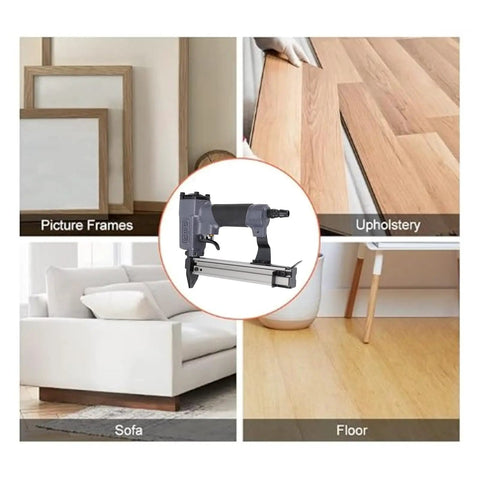 Smooth Operator Pneumatic Brad Nailer For Wood Framing And Fine Craftsmanship With 100 Shot Capacity displayed with picture frames, upholstery, sofa, and floor.