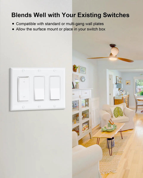 Wireless Light Switch Kit With Receiver For No In-Wall Wiring installed in modern living room with ceiling fan.