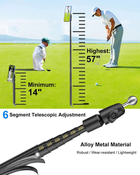 57 Inch Golf Monopod Selfie Stick With Magnetic Phone Holder Mount For Recording Swings And Putting, shown with telescopic adjustment.