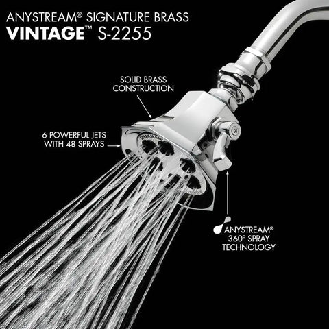 Anystream 360 Shower Head Delivers A Spa Like Shower Experience With Patented Spray Settings And Even Coverage 2.5 GPM Flow Polished Chrome Finish For A Dope Shower Upgrade - Solid brass finish with 6 jets spraying water, side view.
